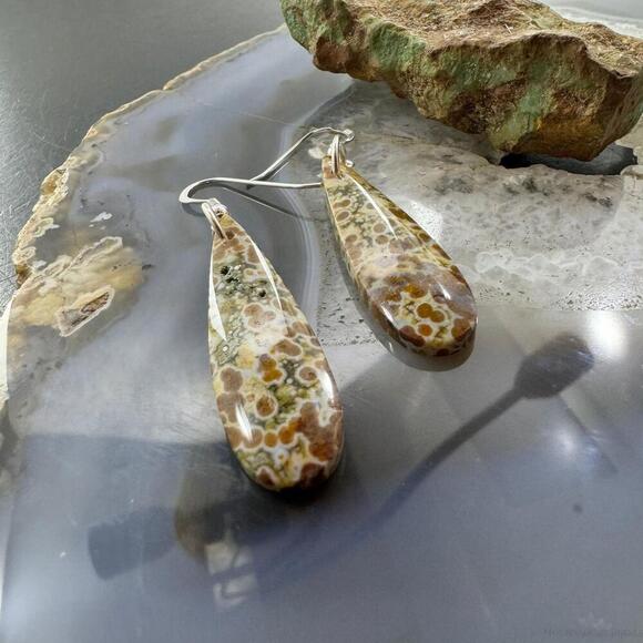 Sterling Silver Teardrop River Jasper Slab Dangle Earrings For Women #197 - Picture 3 of 10